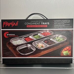 Parini Stainless Steel Condiment Trays with Acacia Wood Caddy
